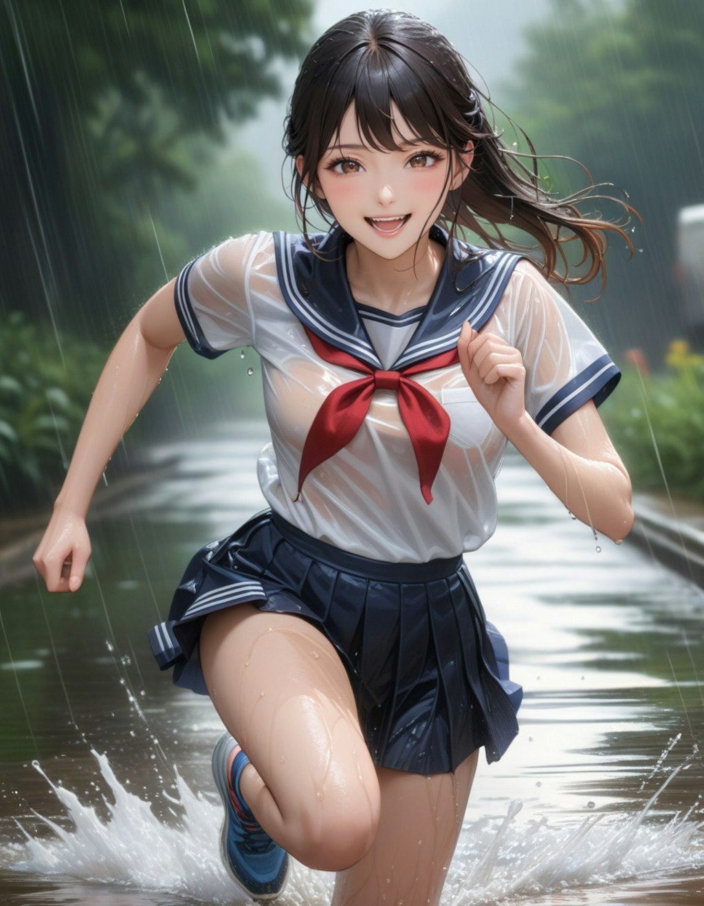 雨の中を走る少女