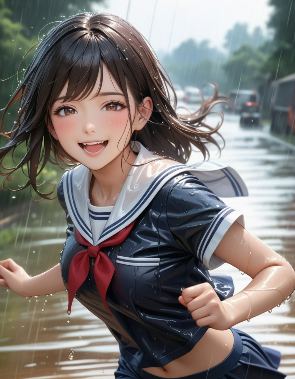 雨の中を走る少女