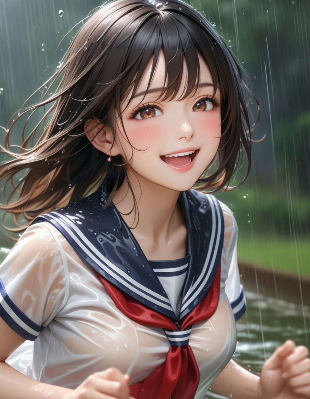 雨の中を走る少女