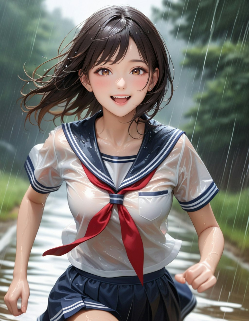 雨の中を走る少女