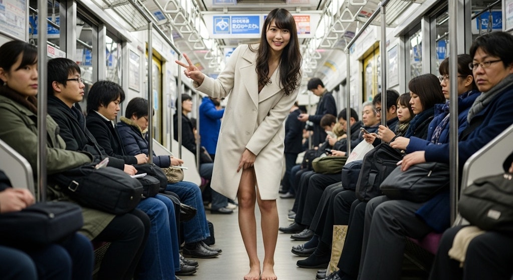 コートの中に秘密を抱えて地下鉄に乗り込む女性