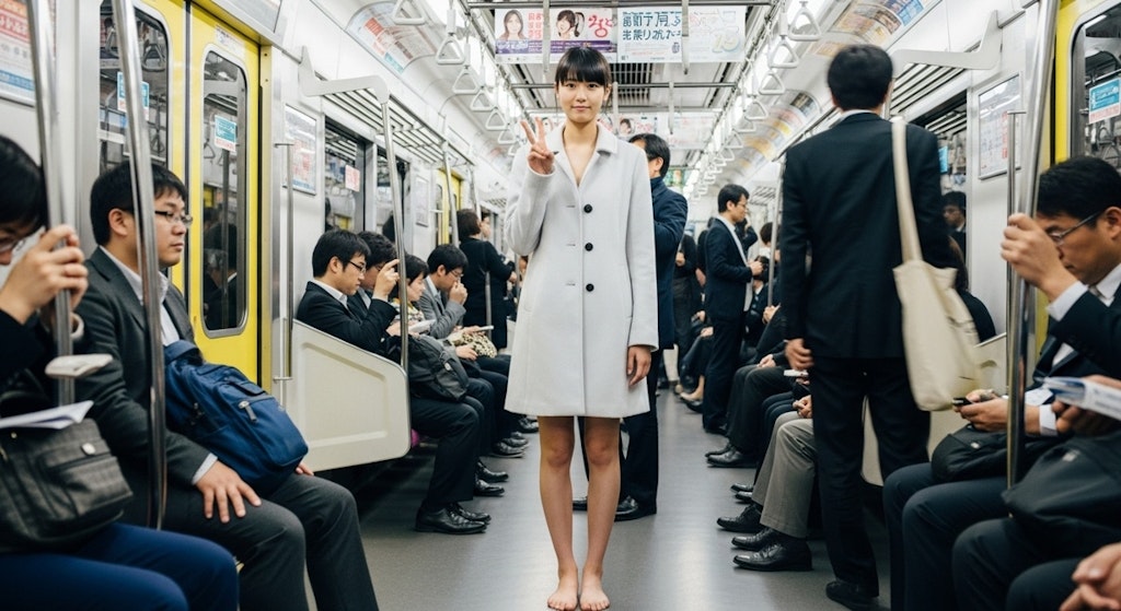 コートの中に秘密を抱えて地下鉄に乗り込む女性