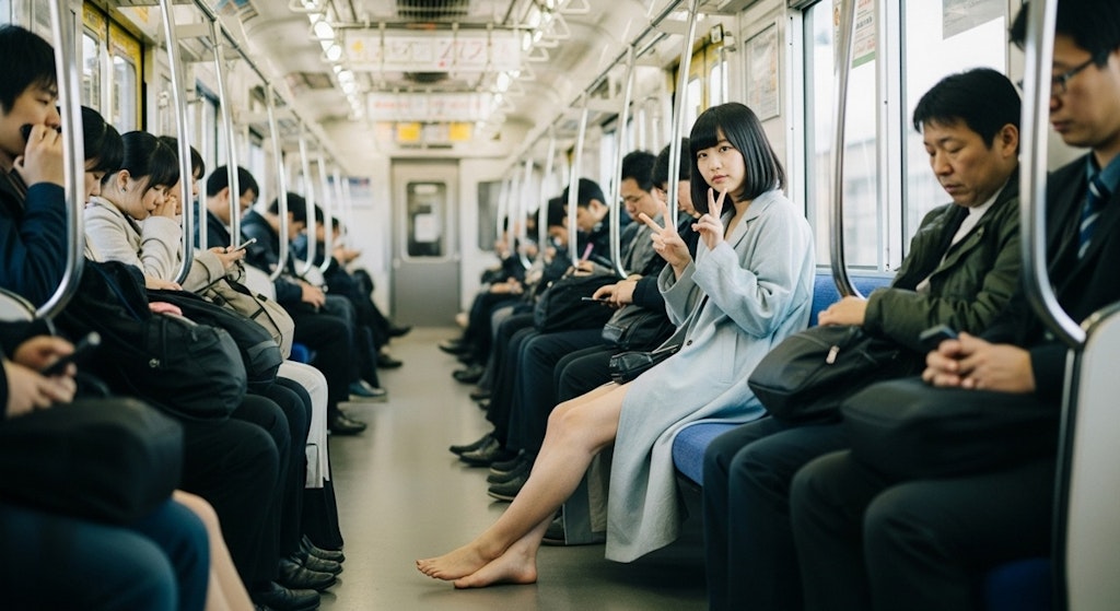 コートの中に秘密を抱えて地下鉄に乗り込む女性