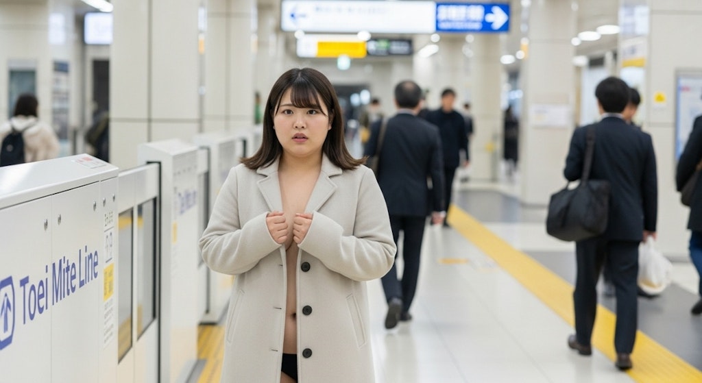 コートの中に秘密を抱えて地下鉄に乗り込む女性