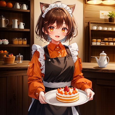 オレンジと苺のフルーツケーキを運ぶ喫茶店で働く猫娘