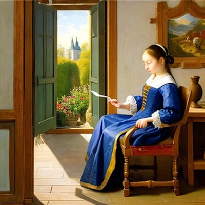 窓辺で手紙を読む女