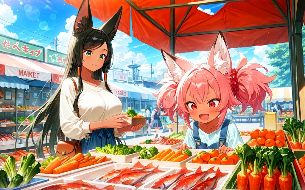 市場でお買い物狐娘