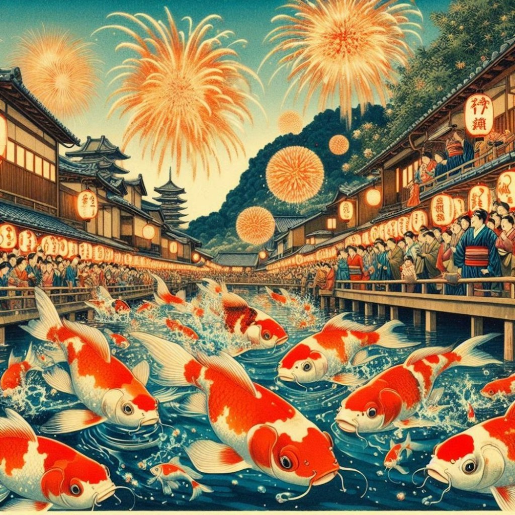 浮世絵　真夏の江戸の町を泳ぐ金魚達＆金魚草＆花火大会