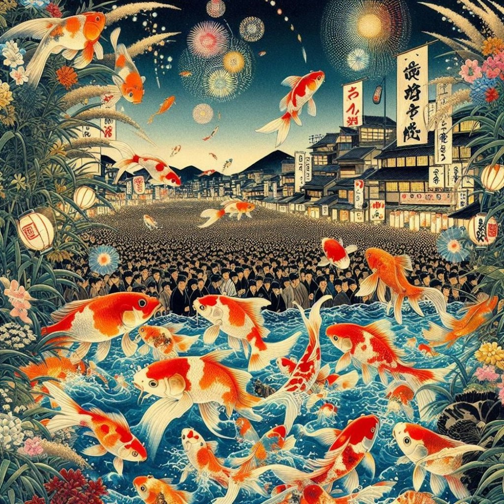 浮世絵　真夏の江戸の町を泳ぐ金魚達＆金魚草＆花火大会