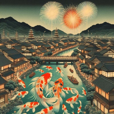浮世絵　真夏の江戸の町を泳ぐ金魚達＆金魚草＆花火大会