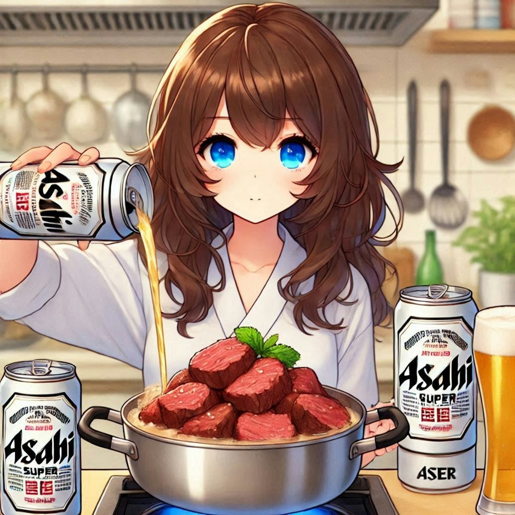 牛肉のビール煮(カルボナード)を作る小さな女の子