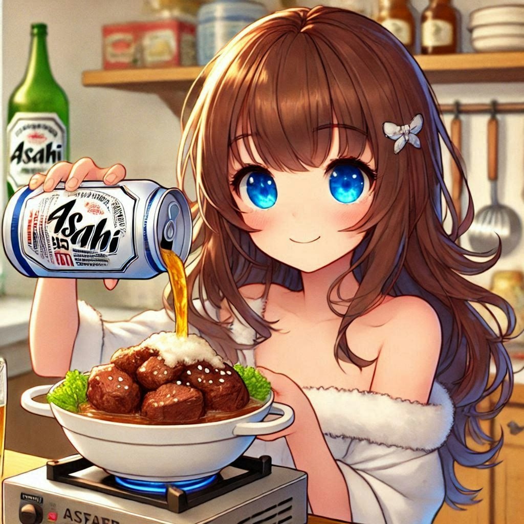 牛肉のビール煮(カルボナード)を作る小さな女の子