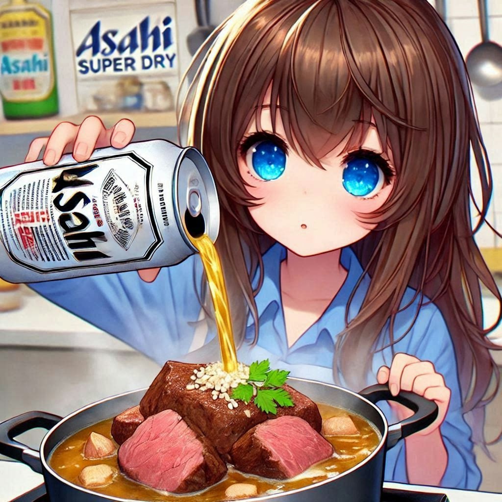 牛肉のビール煮(カルボナード)を作る小さな女の子