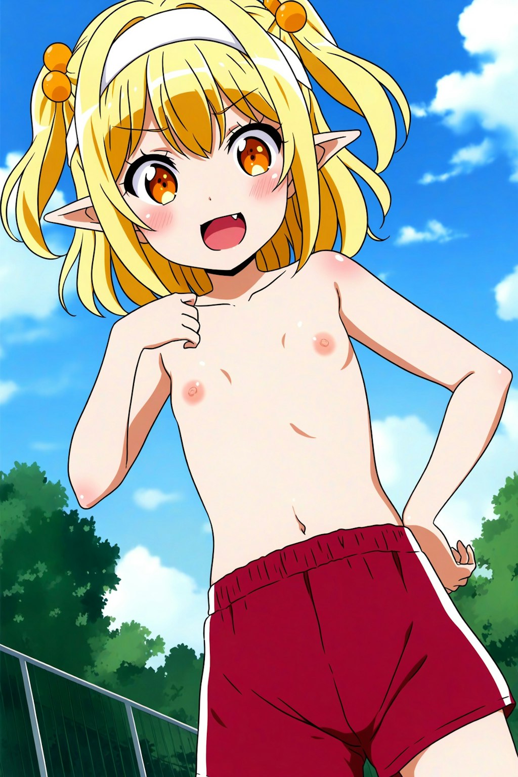 上半身裸+体操着の短パンのエルフさん