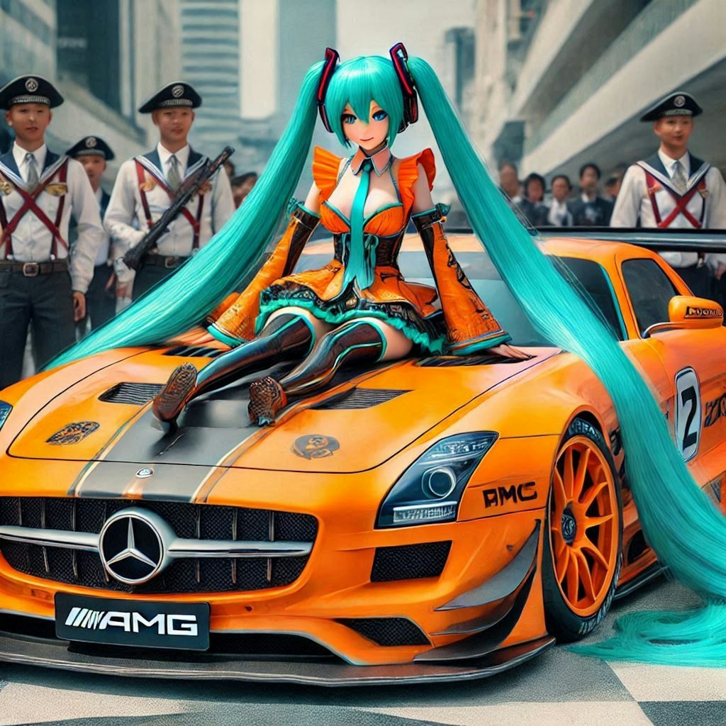 初音ミクとオレンジカラーSLS AMGのドリ車