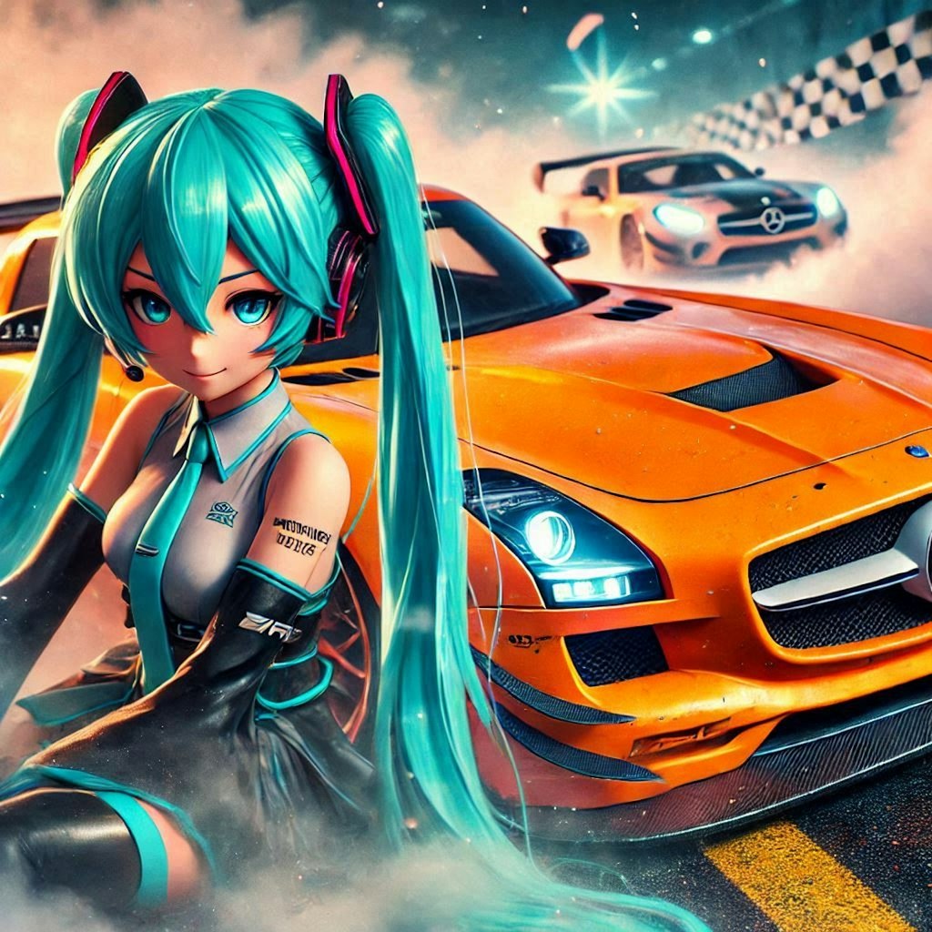 初音ミクとオレンジカラーSLS AMGのドリ車