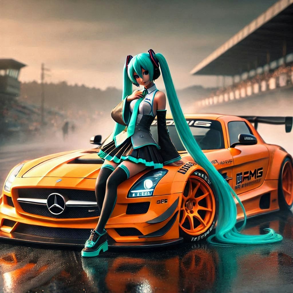 初音ミクとオレンジカラーSLS AMGのドリ車