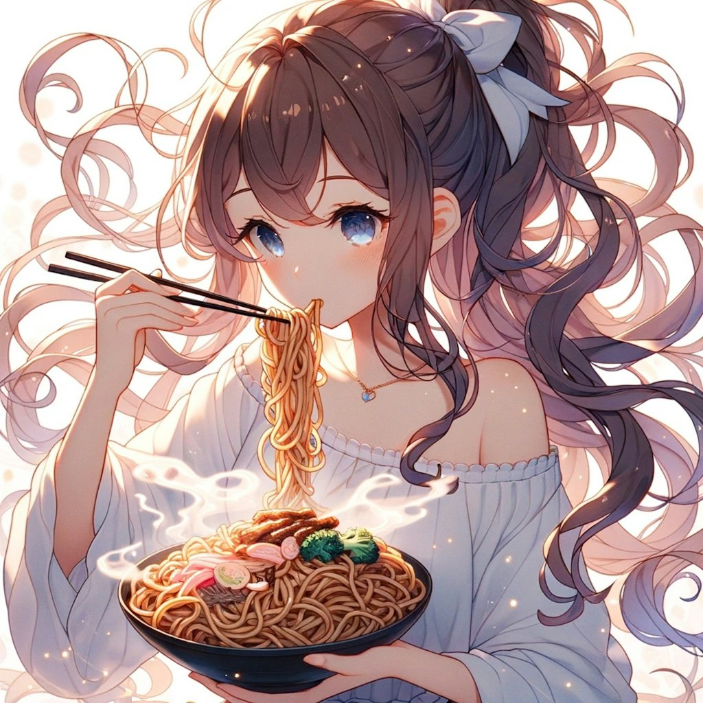 贅沢な焼きそばを食べる美少女