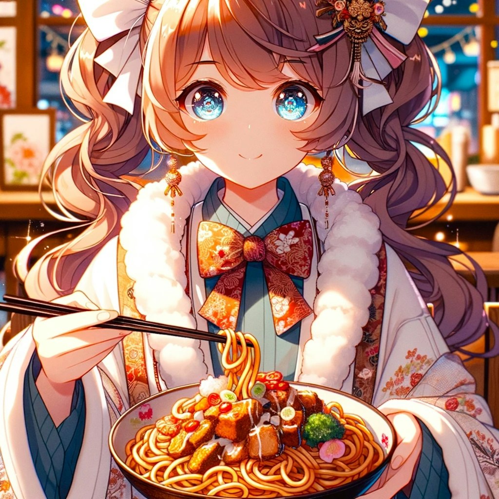 贅沢な焼きそばを食べる美少女