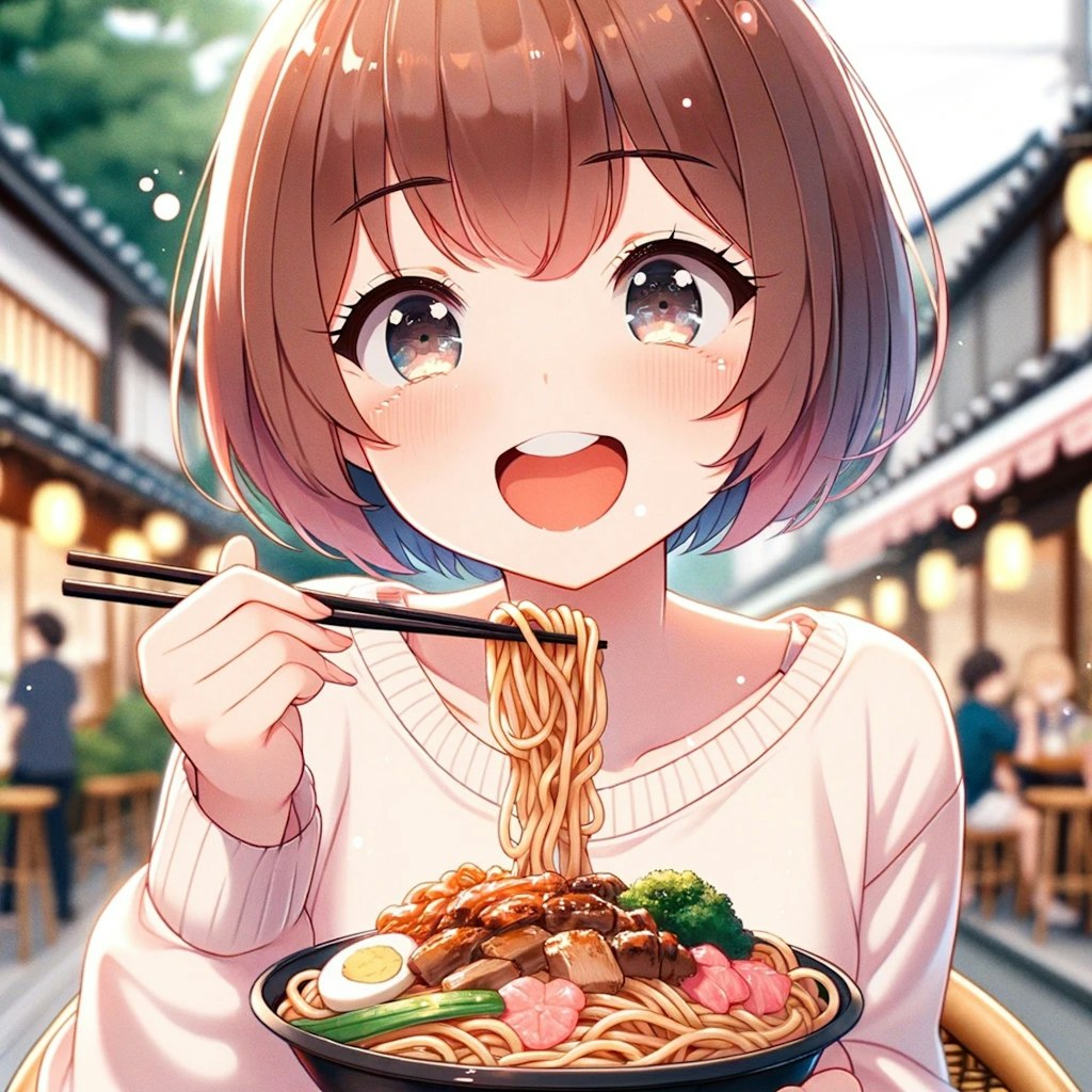 贅沢な焼きそばを食べる美少女