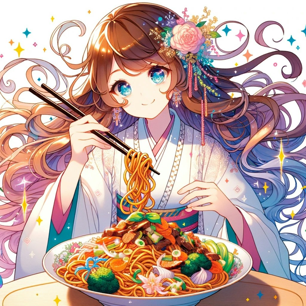 贅沢な焼きそばを食べる美少女