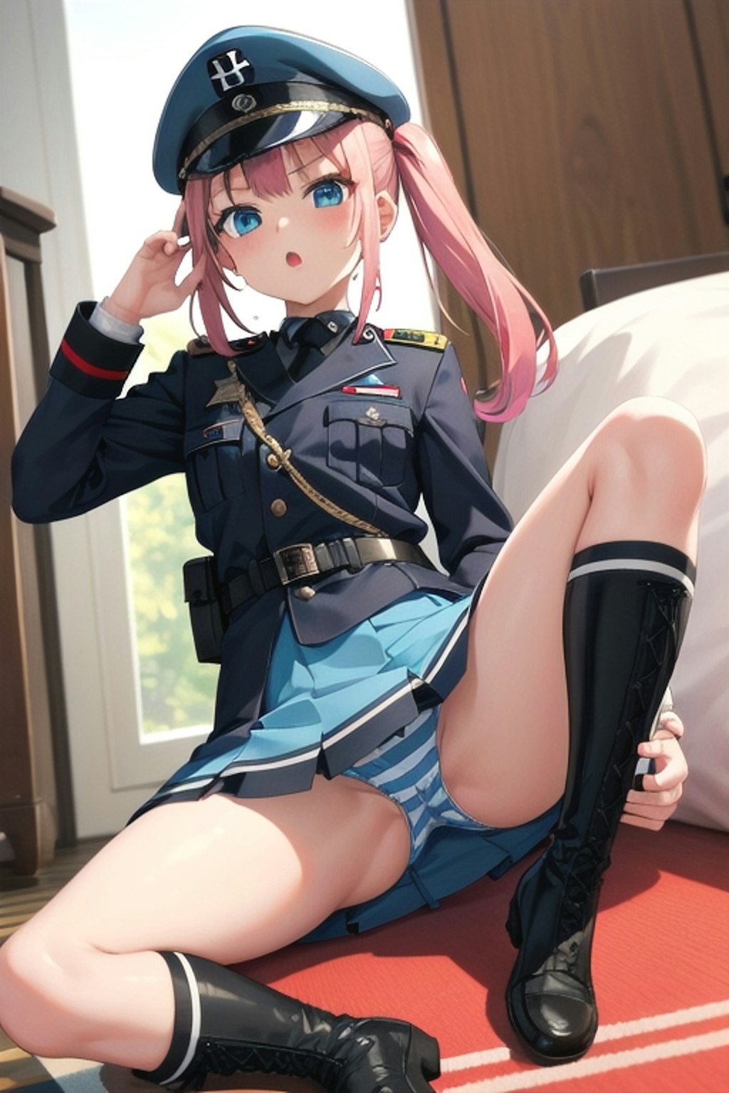 ピンク髪縞パン軍服少女