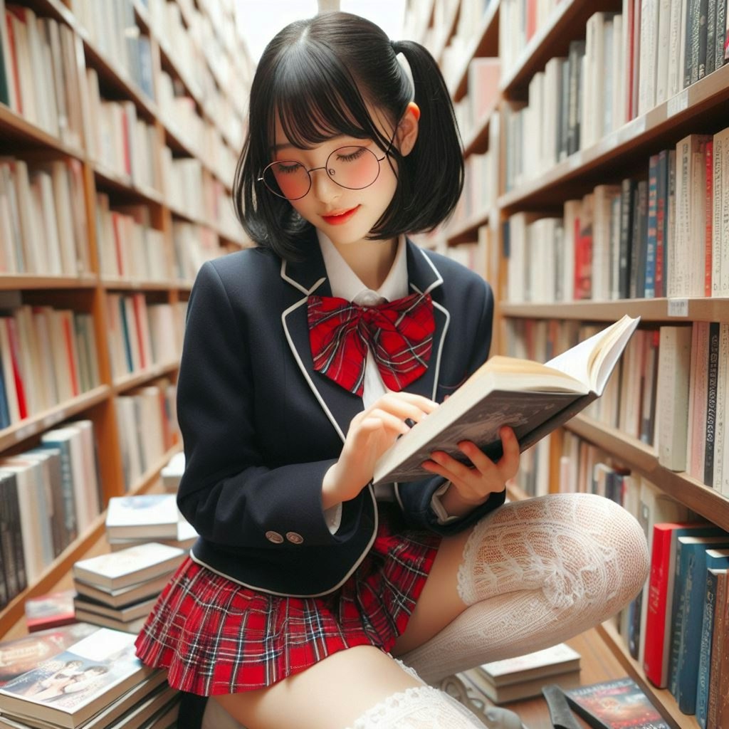 図書館とおさげ髪