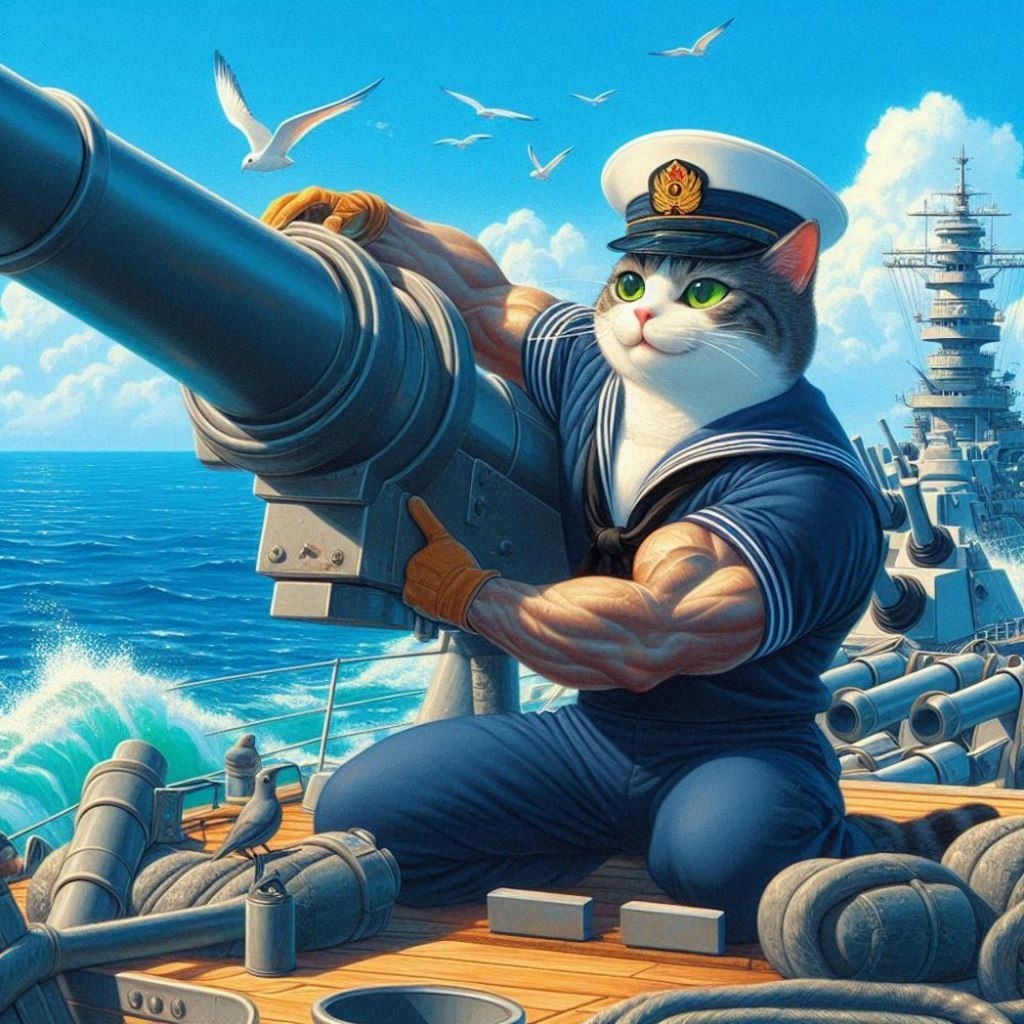 油絵風　戦艦の大砲掃除をする海軍セーラ服筋肉猫