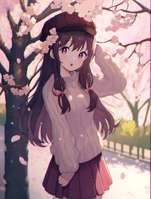 ベレー帽を被った少女と桜