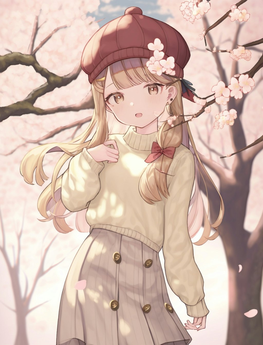 ベレー帽を被った少女と桜