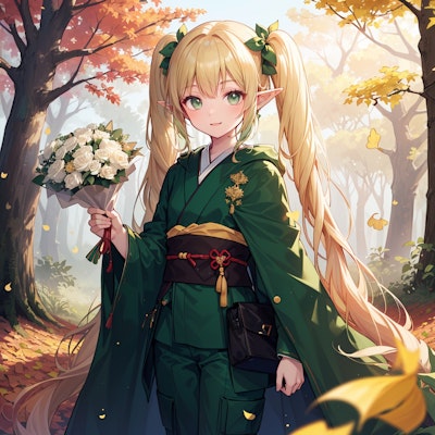 ツインテールで花束を贈呈する秋の森のエルフ魔女