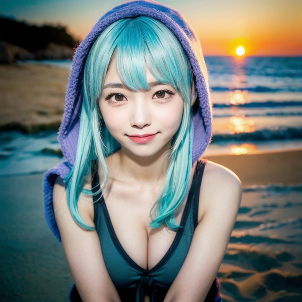 夕暮れ時の海大好きっ娘ちゃん