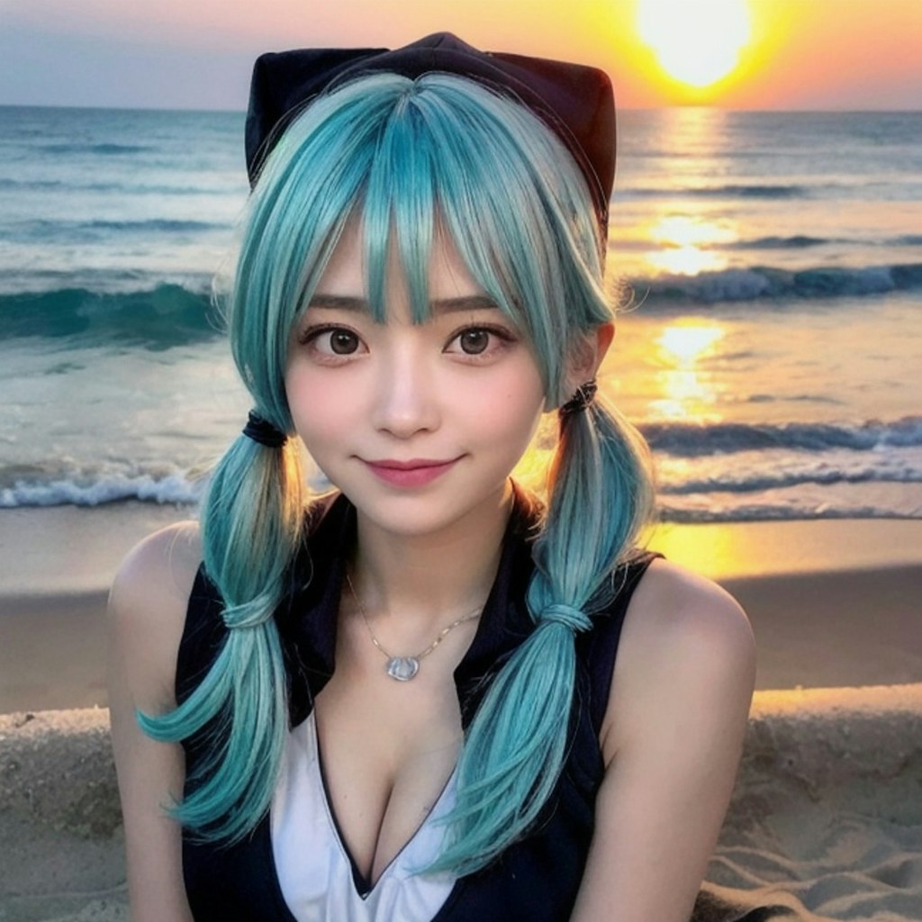 夕暮れ時の海大好きっ娘ちゃん