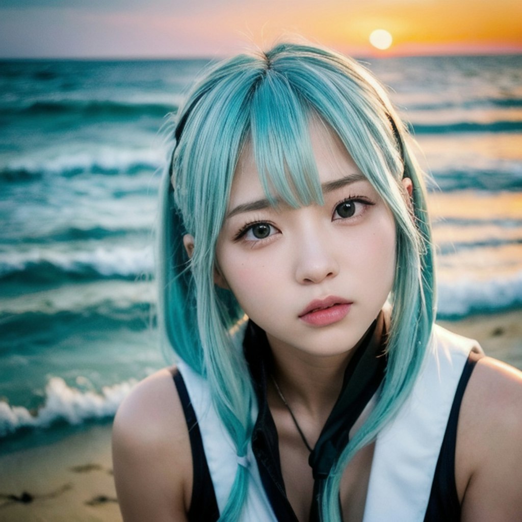 夕暮れ時の海大好きっ娘ちゃん