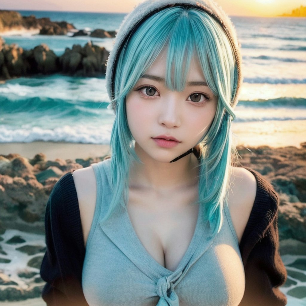 夕暮れ時の海大好きっ娘ちゃん
