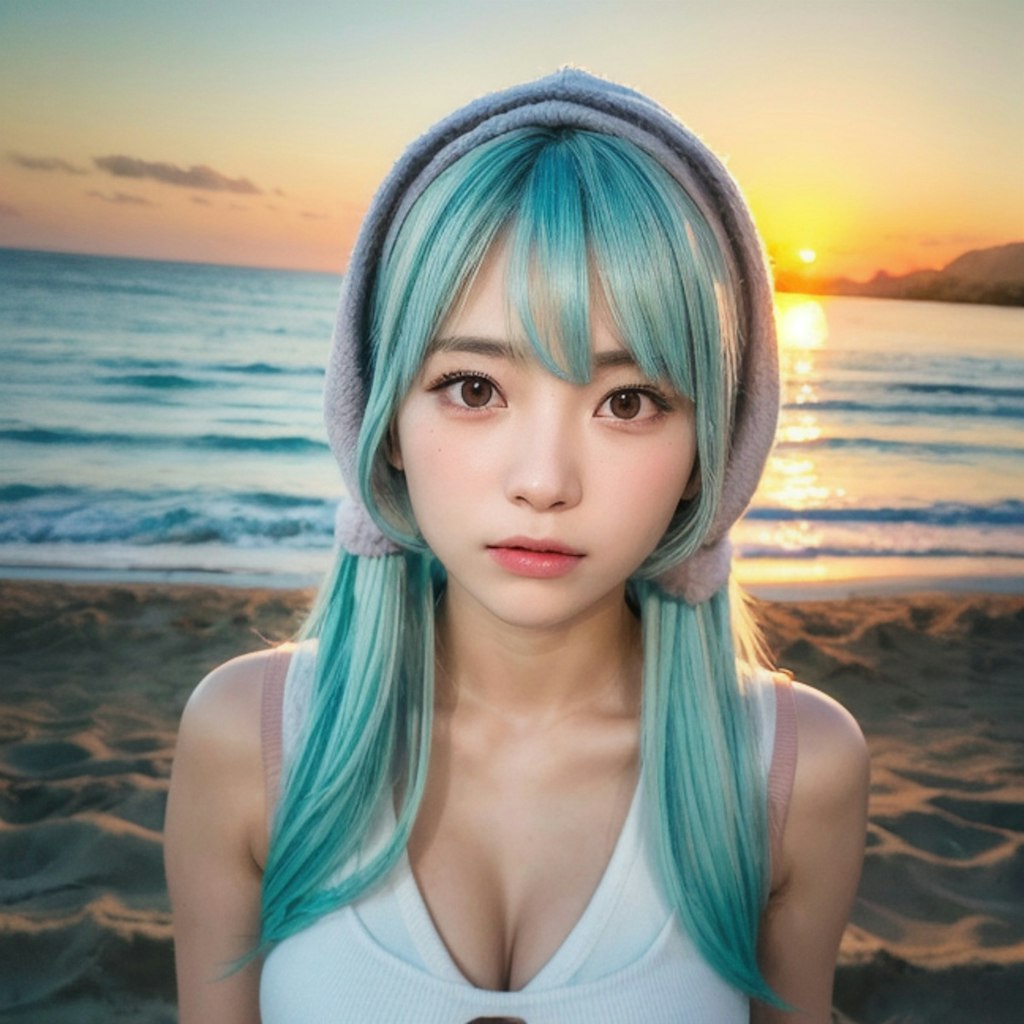 夕暮れ時の海大好きっ娘ちゃん