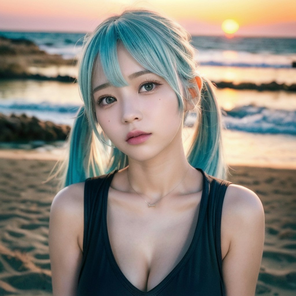 夕暮れ時の海大好きっ娘ちゃん