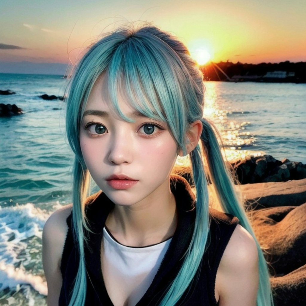 夕暮れ時の海大好きっ娘ちゃん