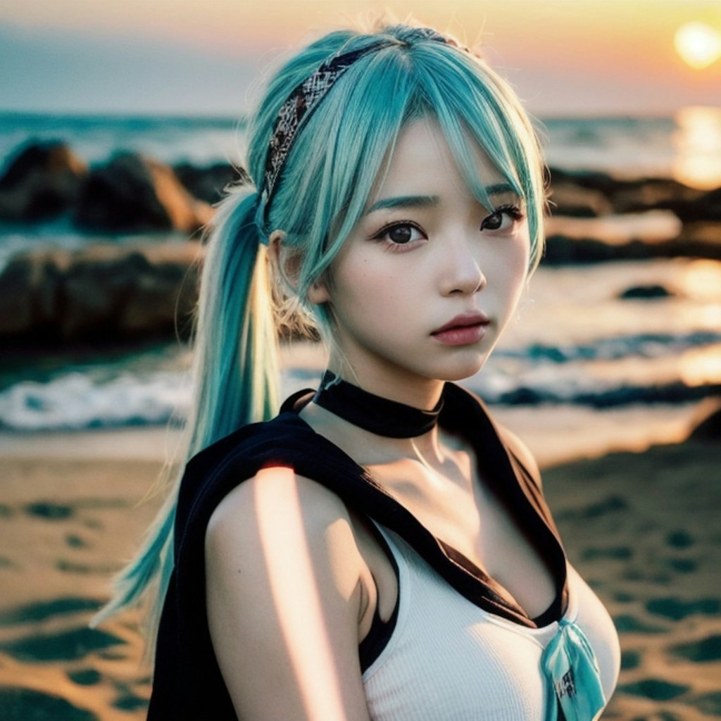 夕暮れ時の海大好きっ娘ちゃん