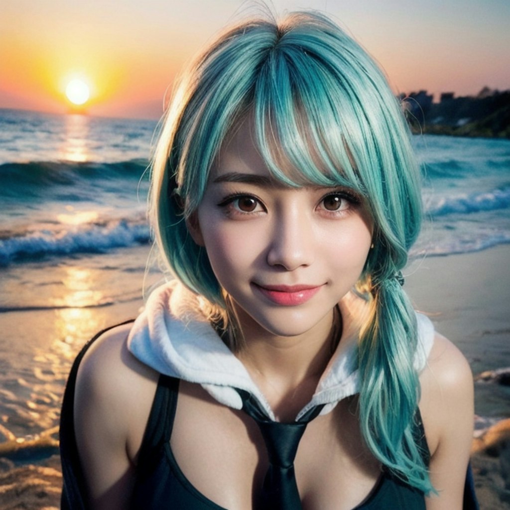 夕暮れ時の海大好きっ娘ちゃん