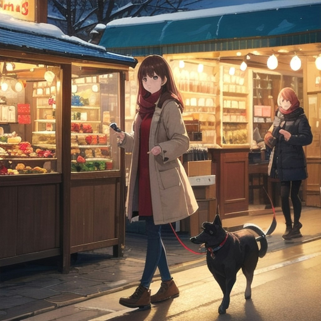 クリスマスの街を歩く女の子と犬（V4B版）