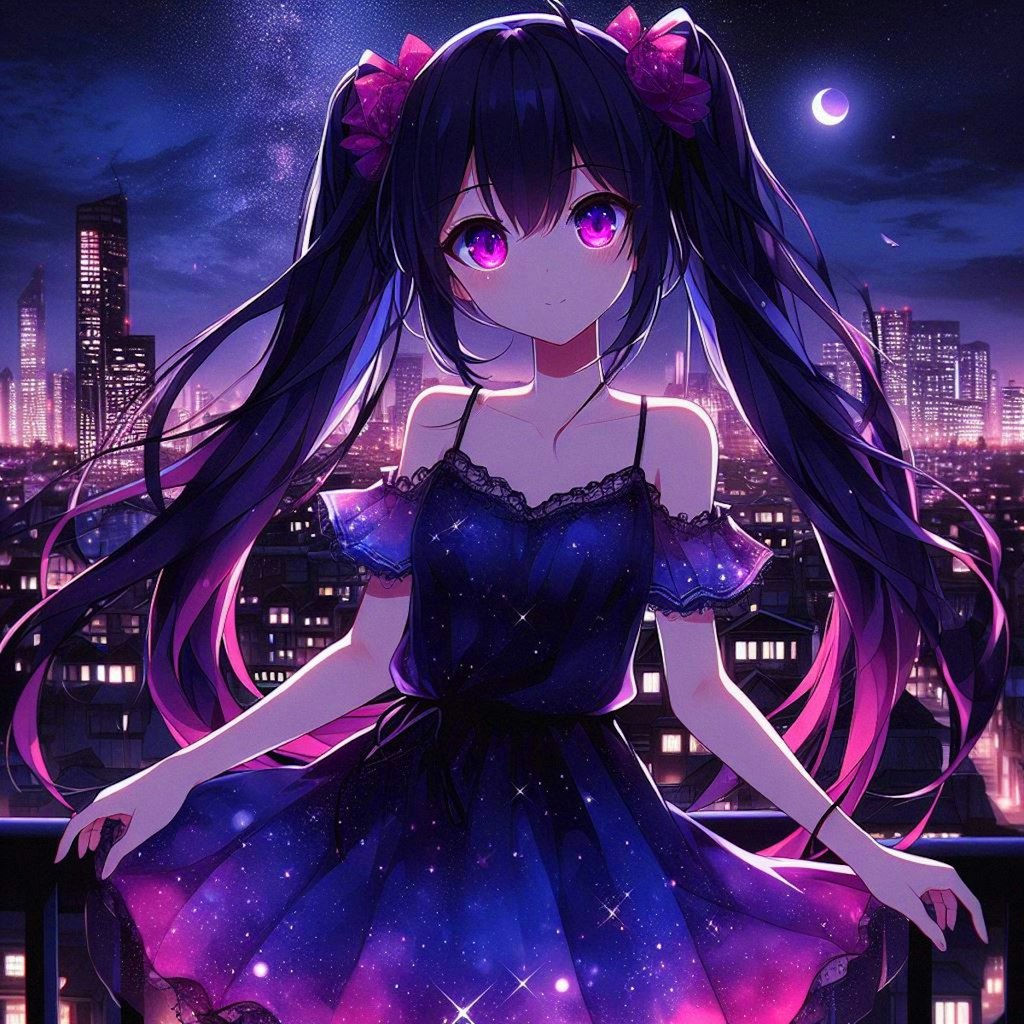 夜景と黒髪ツインテール少女★(6枚)