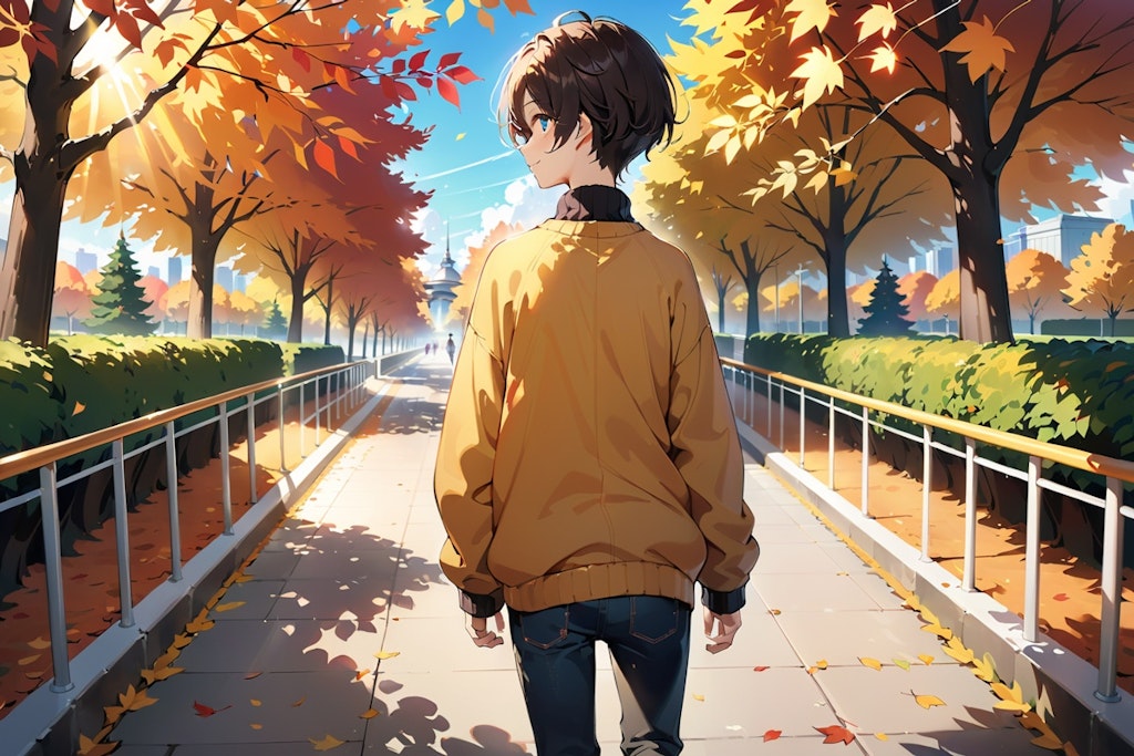 Boy walking in autumn park