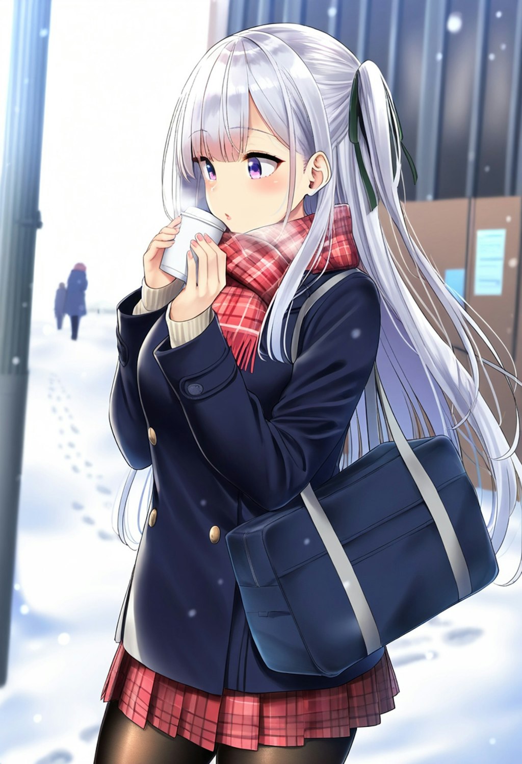 先日街中で見かけた子を銀髪少女に変換した 雪が降る寒い日ならではの可愛さがそこにある