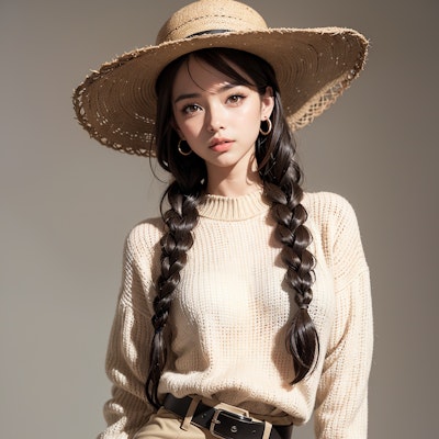 brown knit sweater, beige long skirt