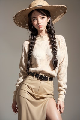 brown knit sweater, beige long skirt