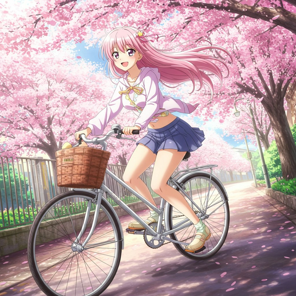 自転車を漕ぐピンク髪ちゃん