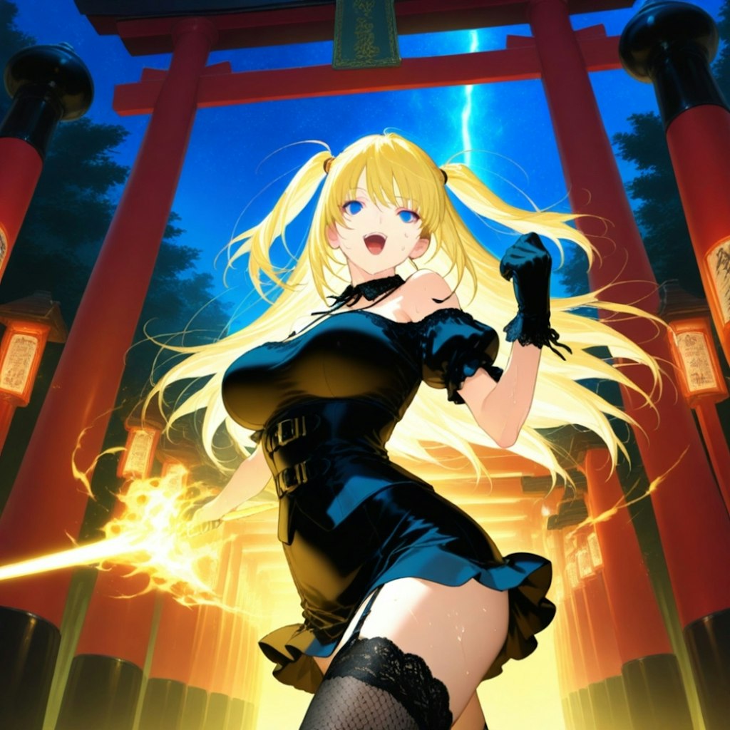 夜の神社で戦闘訓練ポニーテールコスプレ人妻&水墨画