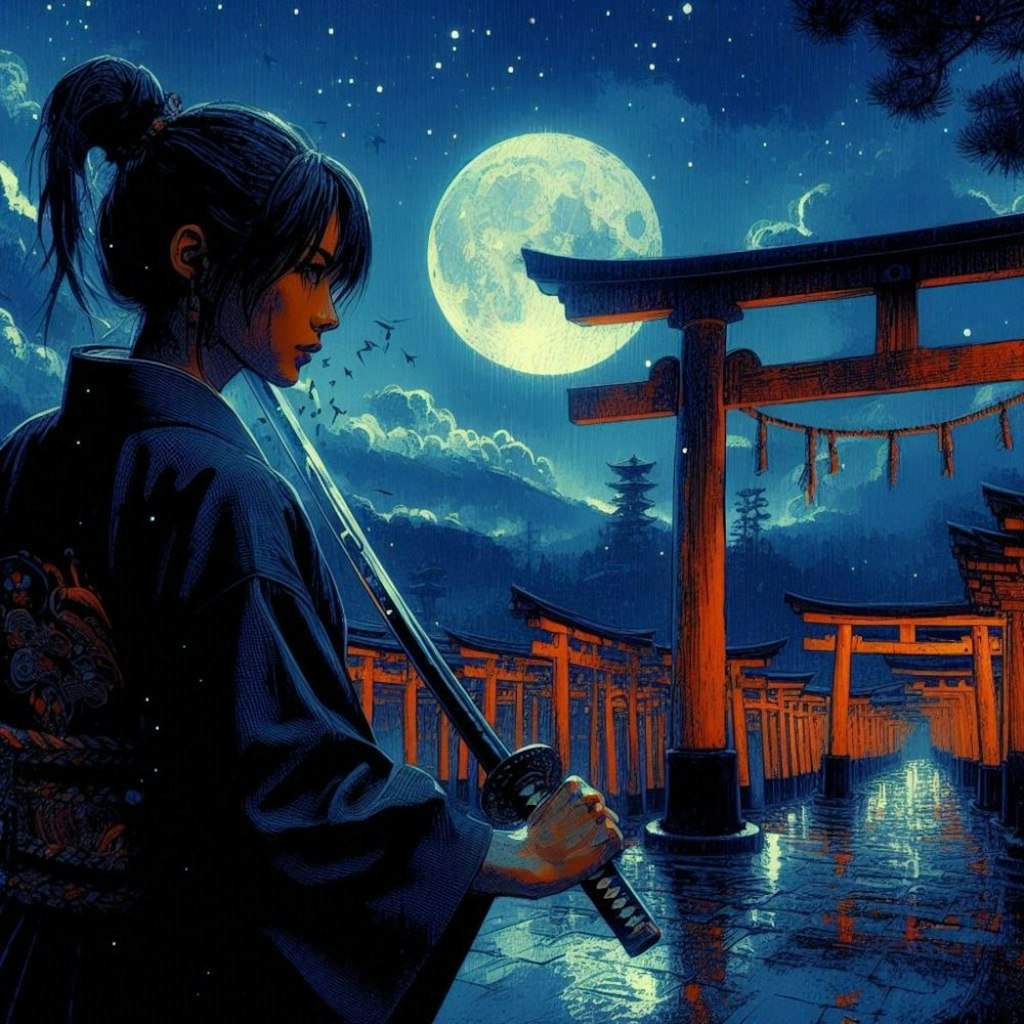 夜の神社で戦闘訓練ポニーテールコスプレ人妻&水墨画