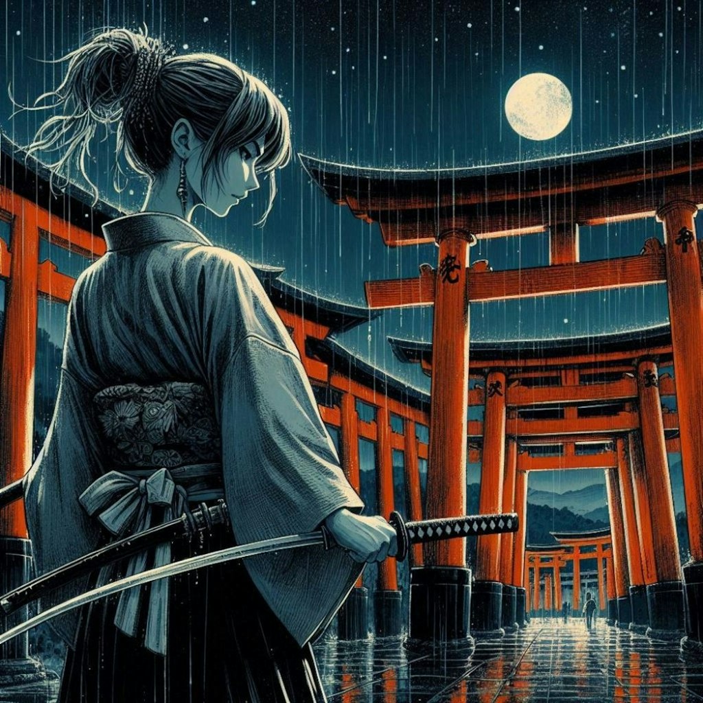 夜の神社で戦闘訓練ポニーテールコスプレ人妻&水墨画